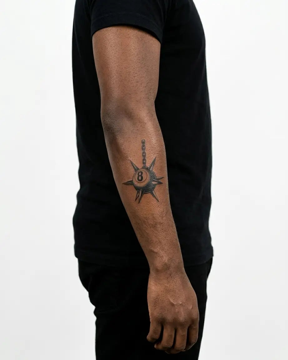 INKON Spiked 8-Ball Flail semi-permanent tattoo applied on a man – 3 x 4 in (7x10cm) design, realistic ink look, lasts 10 days