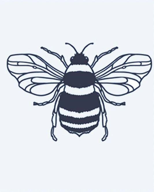 Honeybee semi-permanent tattoo design by INKON – honeybee, delicate, translucent, wings, striped illustration, 2 x 2 in (5x5cm), available at inkon.co