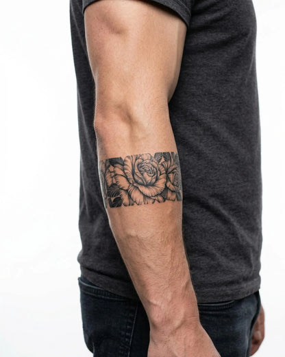 INKON Rose Garden Band semi-permanent tattoo applied on a man – 2 x 9 in (5x23cm) design, realistic ink look, lasts 10 days