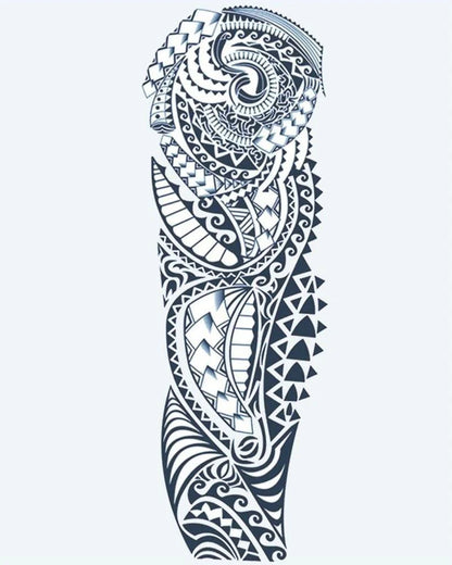 Polynesian Tribal semi-permanent tattoo design by INKON – polynesian, tribal, full, sleeve, maori illustration, 8 x 20 in (20x50cm), available at inkon.co