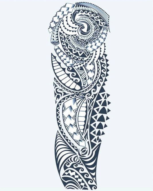 Polynesian Tribal semi-permanent tattoo design by INKON – polynesian, tribal, full, sleeve, maori illustration, 8 x 20 in (20x50cm), available at inkon.co