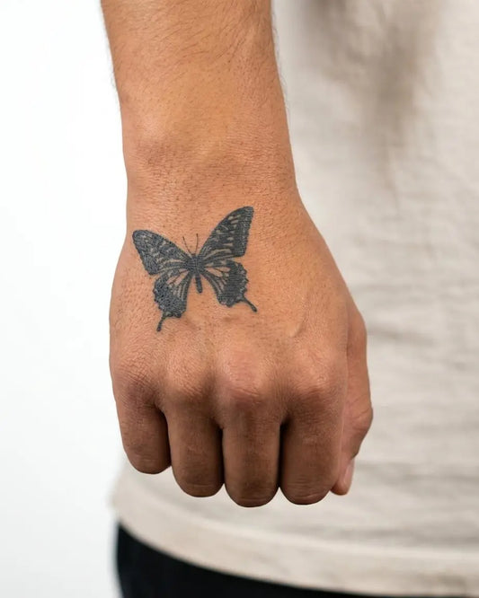 INKON Swallowtail Butterfly semi-permanent tattoo applied on a man – 2 x 2 in (5x5cm) design, realistic ink look, lasts 10 days