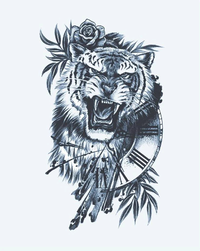 Tiger & Clock semi-permanent tattoo design by INKON – roaring, tiger, combined, roman, numeral illustration, 4 x 8 in (11x21cm), available at inkon.co
