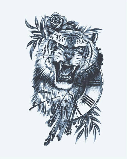 Tiger & Clock semi-permanent tattoo design by INKON – roaring, tiger, combined, roman, numeral illustration, 4 x 8 in (11x21cm), available at inkon.co
