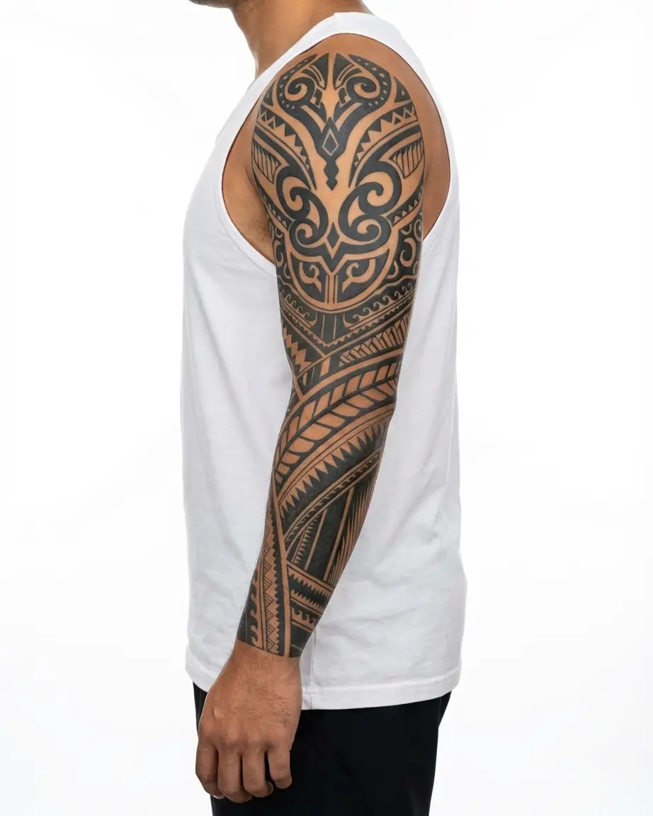 INKON Polynesian Bold Sleeve semi-permanent tattoo applied on a man – 8 x 20 in (20x50cm) design, realistic ink look, lasts 10 days