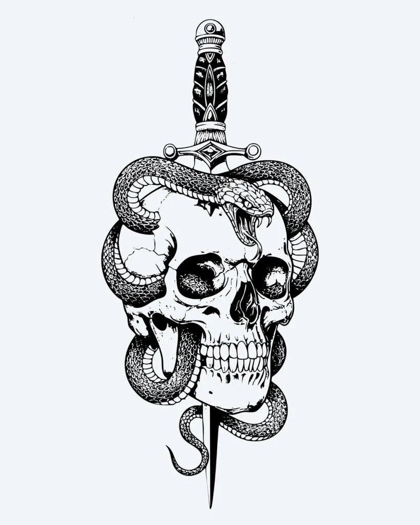 Skull, Snake & Dagger semi-permanent tattoo design by INKON – skull, pierced, ornate, dagger, snake illustration, 4 x 8 in (11x21cm), available at inkon.co