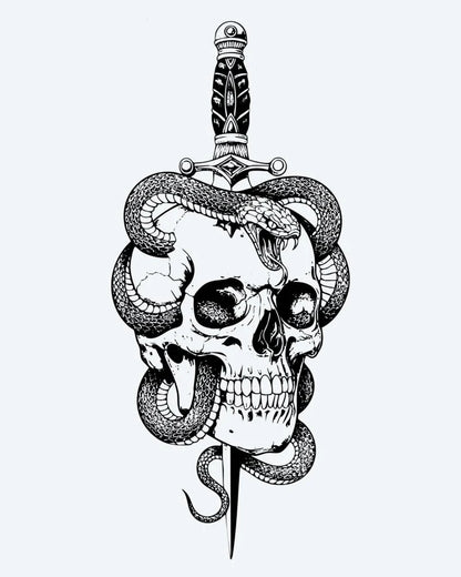 Skull, Snake & Dagger semi-permanent tattoo design by INKON – skull, pierced, ornate, dagger, snake illustration, 4 x 8 in (11x21cm), available at inkon.co