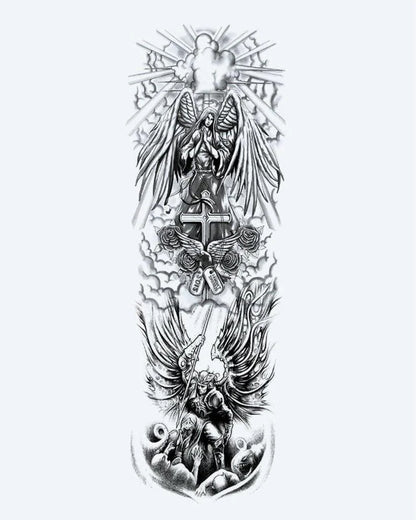Angels & Cross Sleeve semi-permanent tattoo design by INKON – majestic, full, sleeve, guardian, angels illustration, 8 x 20 in (20x50cm), available at inkon.co