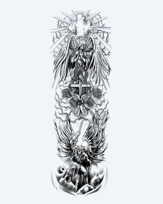Angels & Cross Sleeve semi-permanent tattoo design by INKON – majestic, full, sleeve, guardian, angels illustration, 8 x 20 in (20x50cm), available at inkon.co