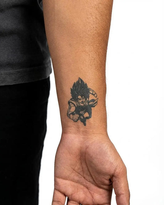 INKON Anime Warrior semi-permanent tattoo applied on a man – 2 x 2 in (5x5cm) design, realistic ink look, lasts 10 days