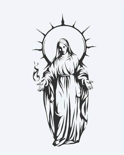 Virgin Mary with Halo semi-permanent tattoo design by INKON – graceful, depiction, virgin, mary, radiant illustration, 4 x 7 in (10x17cm), available at inkon.co