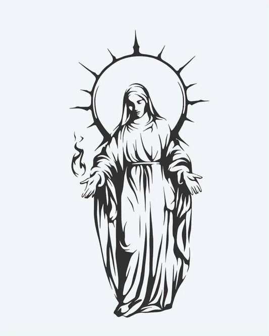 Virgin Mary with Halo semi-permanent tattoo design by INKON – graceful, depiction, virgin, mary, radiant illustration, 4 x 7 in (10x17cm), available at inkon.co
