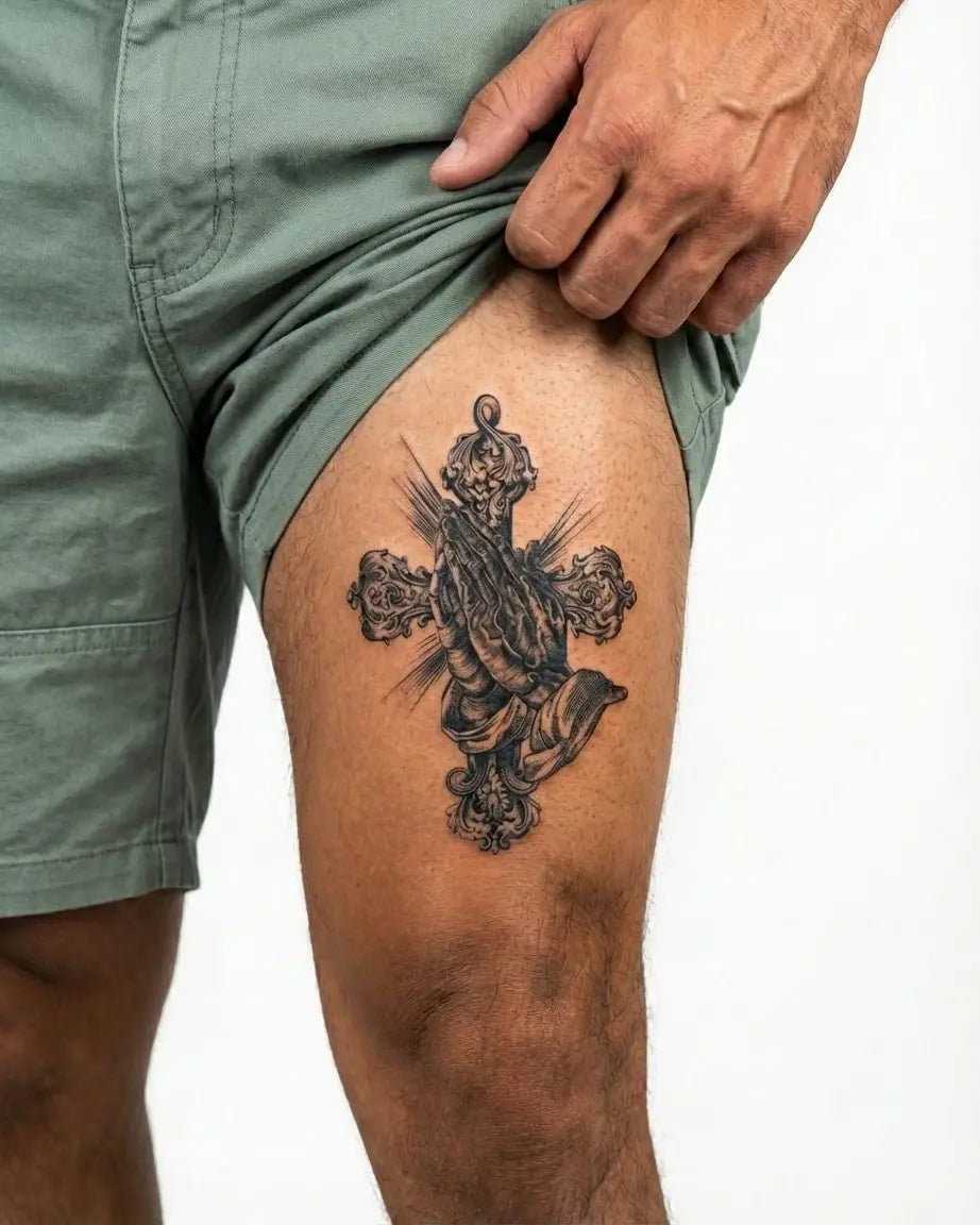 INKON Praying Hands & Ornate Cross semi-permanent tattoo applied on a man – 4 x 7 in (10x17cm) design, realistic ink look, lasts 10 days