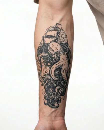 INKON Kraken & Ship semi-permanent tattoo applied on a man – 4 x 8 in (11x21cm) design, realistic ink look, lasts 10 days