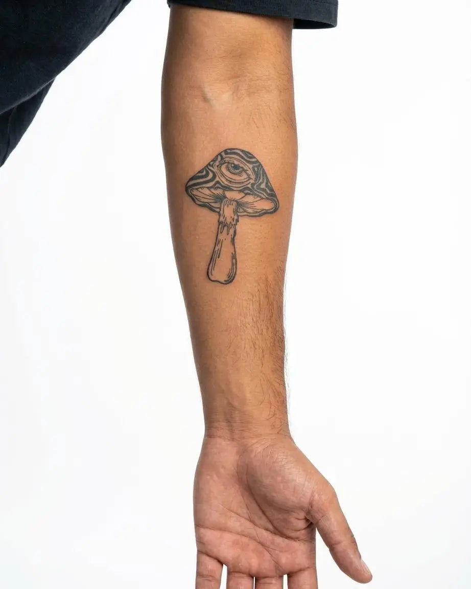 INKON Psychedelic Mushroom Eye semi-permanent tattoo applied on a man – 3 x 4 in (7x10cm) design, realistic ink look, lasts 10 days