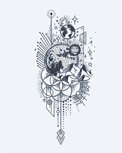 Cosmic Moon & Geometry semi-permanent tattoo design by INKON – celestial, moon, mountains, earth, sacred illustration, 4 x 7 in (10x17cm), available at inkon.co