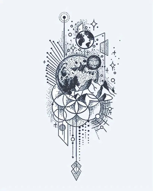 Cosmic Moon & Geometry semi-permanent tattoo design by INKON – celestial, moon, mountains, earth, sacred illustration, 4 x 7 in (10x17cm), available at inkon.co