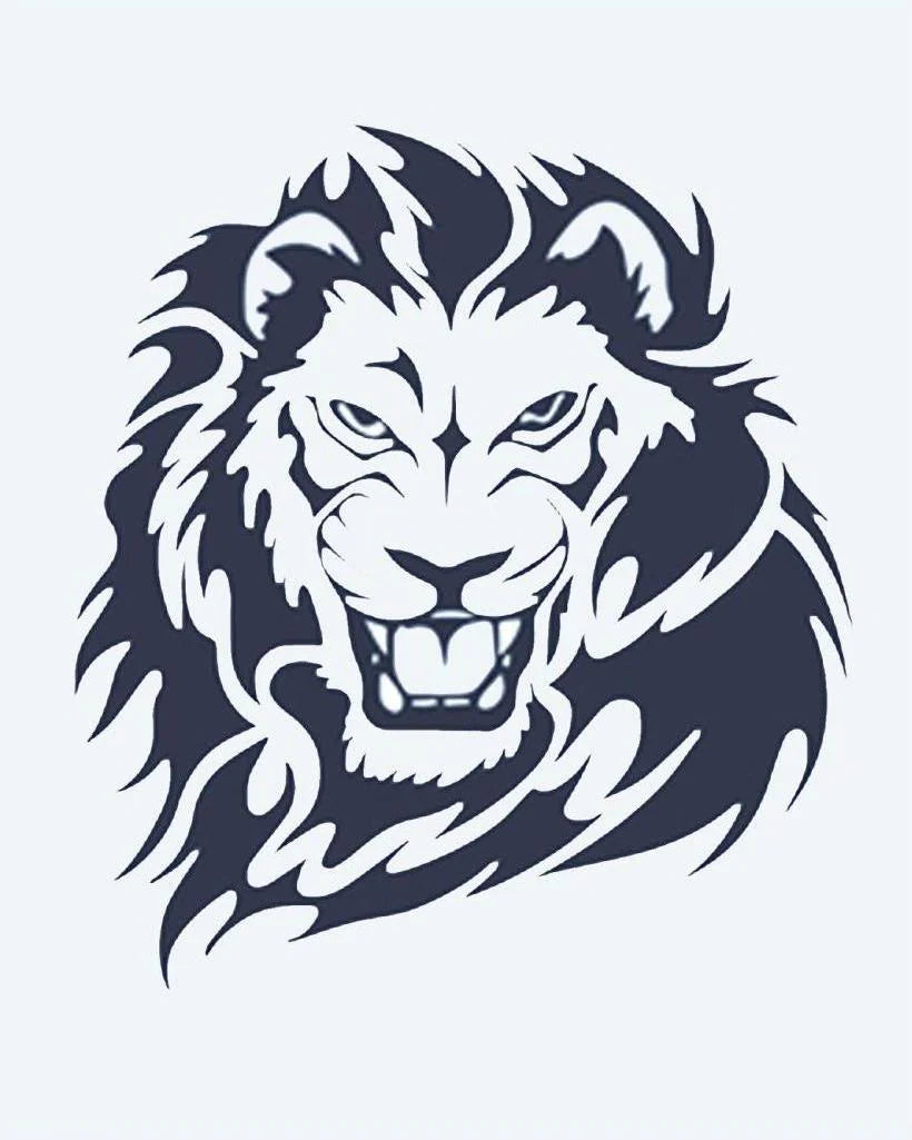 Roaring Lion semi-permanent tattoo design by INKON – roaring, lion, head, flowing, mane illustration, 2 x 2 in (5x5cm), available at inkon.co