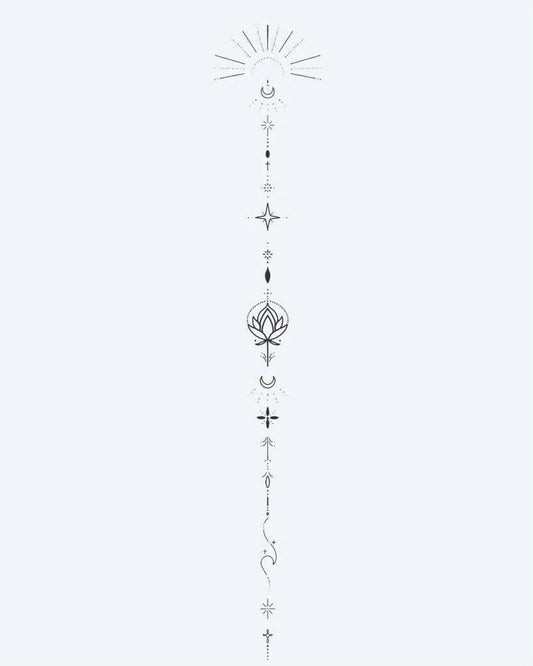Celestial Lotus Totem semi-permanent tattoo design by INKON – vertical, fine, line, ornament, moon illustration, 4 x 7 in (10x17cm), available at inkon.co