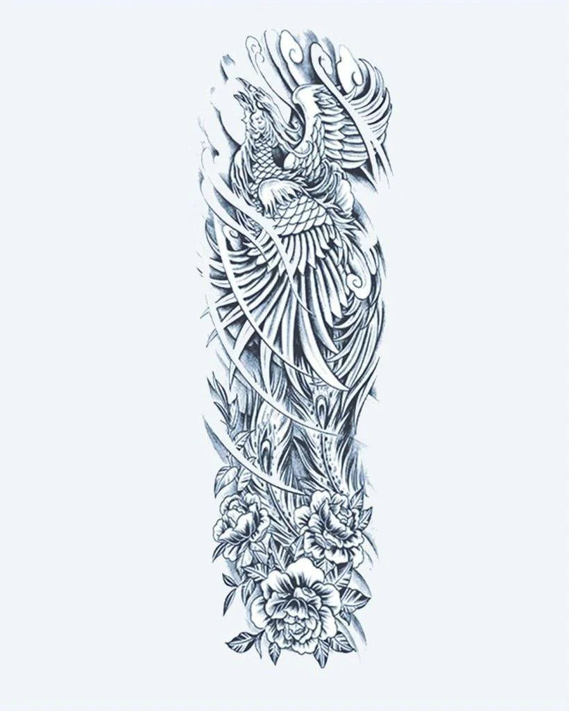 Phoenix Rising semi-permanent tattoo design by INKON – magnificent, full, sleeve, phoenix, rising illustration, 8 x 20 in (20x50cm), available at inkon.co