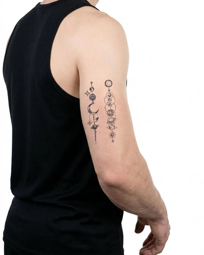 INKON Solar System Alignment semi-permanent tattoo applied on a man – 3 x 4 in (6x11cm) design, realistic ink look, lasts 10 days