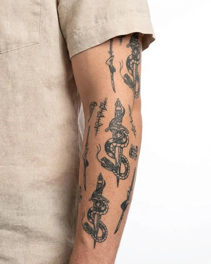 INKON Snake & Dagger Flash Sheet semi-permanent tattoo applied on a man – 4 x 7 in (10x17cm) design, realistic ink look, lasts 10 days