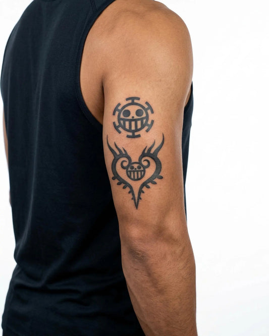 INKON Pirate Skull Emblems semi-permanent tattoo applied on a man – 4 x 7 in (10x17cm) design, realistic ink look, lasts 10 days