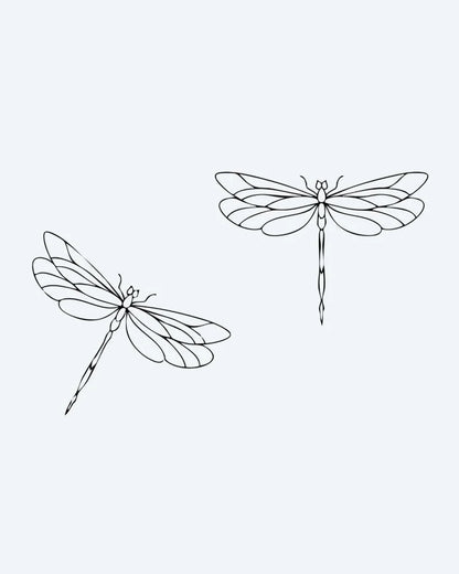 Dragonfly Duo semi-permanent tattoo design by INKON – graceful, pair, dragonflies, delicate, fine illustration, 3 x 4 in (7x10cm), available at inkon.co