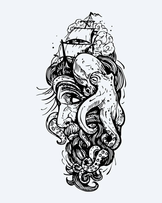 Kraken & Ship semi-permanent tattoo design by INKON – epic, kraken, octopus, attacking, sailing illustration, 4 x 8 in (11x21cm), available at inkon.co