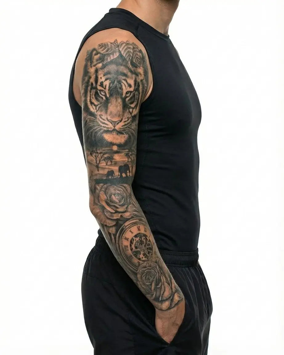 INKON Tiger & Safari Clock semi-permanent tattoo applied on a man – 8 x 20 in (20x50cm) design, realistic ink look, lasts 10 days