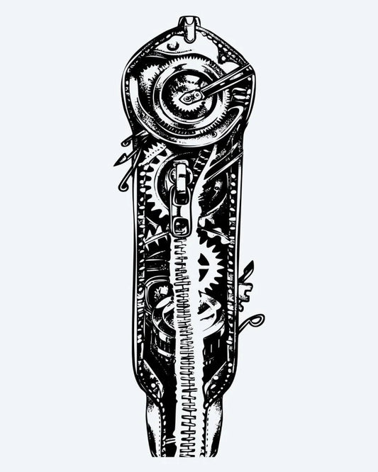 Steampunk Mechanical Gears semi-permanent tattoo design by INKON – steampunk, exposed, gears, cogs, springs illustration, 8 x 20 in (20x50cm), available at inkon.co