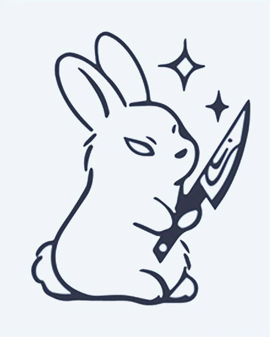 Killer Bunny semi-permanent tattoo design by INKON – adorable, menacing, bunny, holding, knife illustration, 2 x 2 in (5x5cm), available at inkon.co