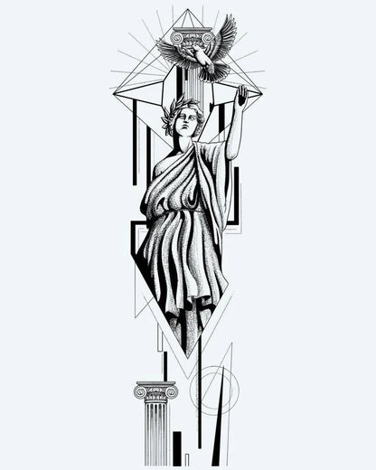 Greek Goddess & Dove semi-permanent tattoo design by INKON – classical, greek, goddess, releasing, dove illustration, 8 x 20 in (20x50cm), available at inkon.co