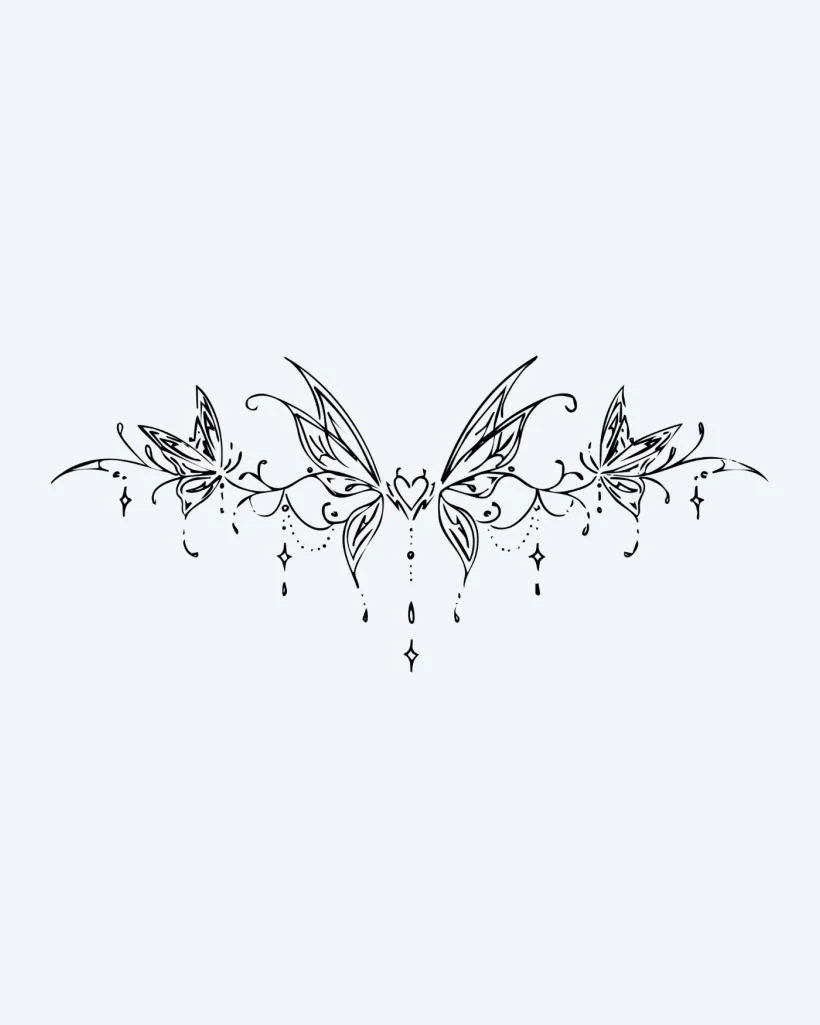 Butterfly Heart Band semi-permanent tattoo design by INKON – symmetrical, butterfly, band, heart, center illustration, 4 x 8 in (11x21cm), available at inkon.co