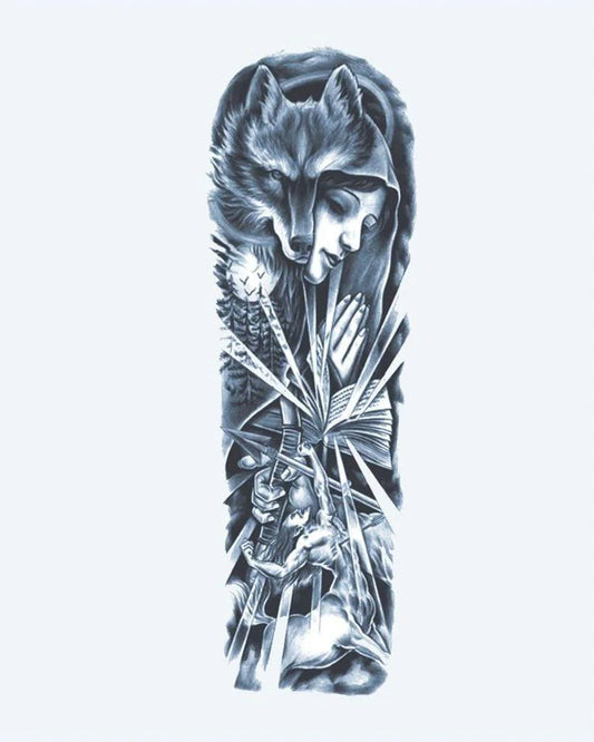 Wolf Girl & Warrior semi-permanent tattoo design by INKON – mystical, full, sleeve, woman, wolf illustration, 8 x 20 in (20x50cm), available at inkon.co