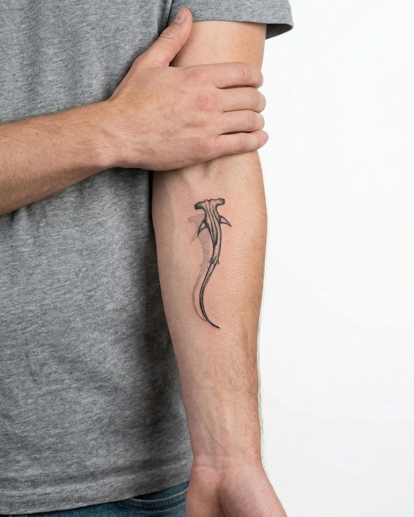 INKON Hammerhead Shark semi-permanent tattoo applied on a man – 3 x 4 in (6x11cm) design, realistic ink look, lasts 10 days
