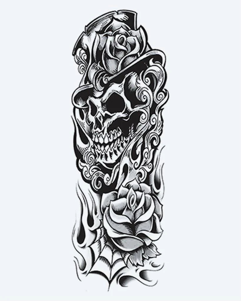 Skull in Top Hat & Roses semi-permanent tattoo design by INKON – grinning, skull, wearing, surrounded, ornate illustration, 8 x 20 in (20x50cm), available at inkon.co