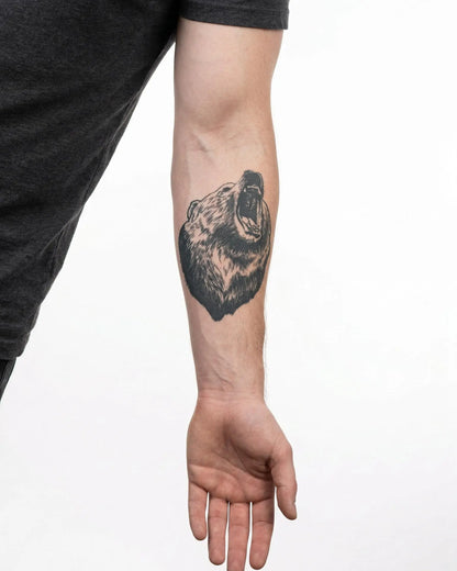 INKON Roaring Bear semi-permanent tattoo applied on a man – 3 x 4 in (7x10cm) design, realistic ink look, lasts 10 days