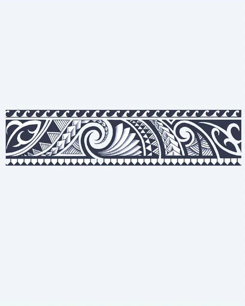 Polynesian Tribal Band semi-permanent tattoo design by INKON – maori, armband, flowing, koru, spirals illustration, 2 x 9 in (5x23cm), available at inkon.co
