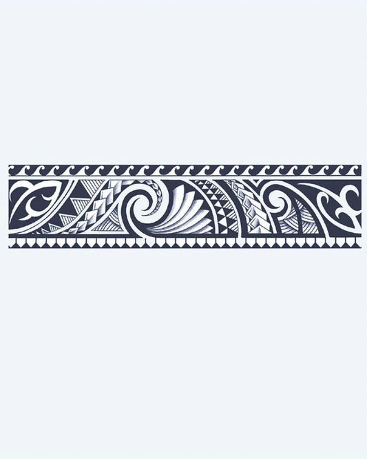 Polynesian Tribal Band semi-permanent tattoo design by INKON – maori, armband, flowing, koru, spirals illustration, 2 x 9 in (5x23cm), available at inkon.co