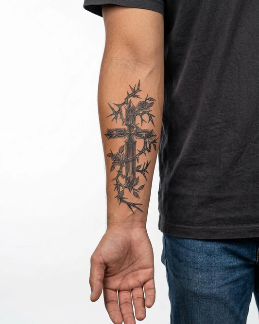 INKON Cross with Roses & Thorns semi-permanent tattoo applied on a man – 4 x 7 in (10x17cm) design, realistic ink look, lasts 10 days