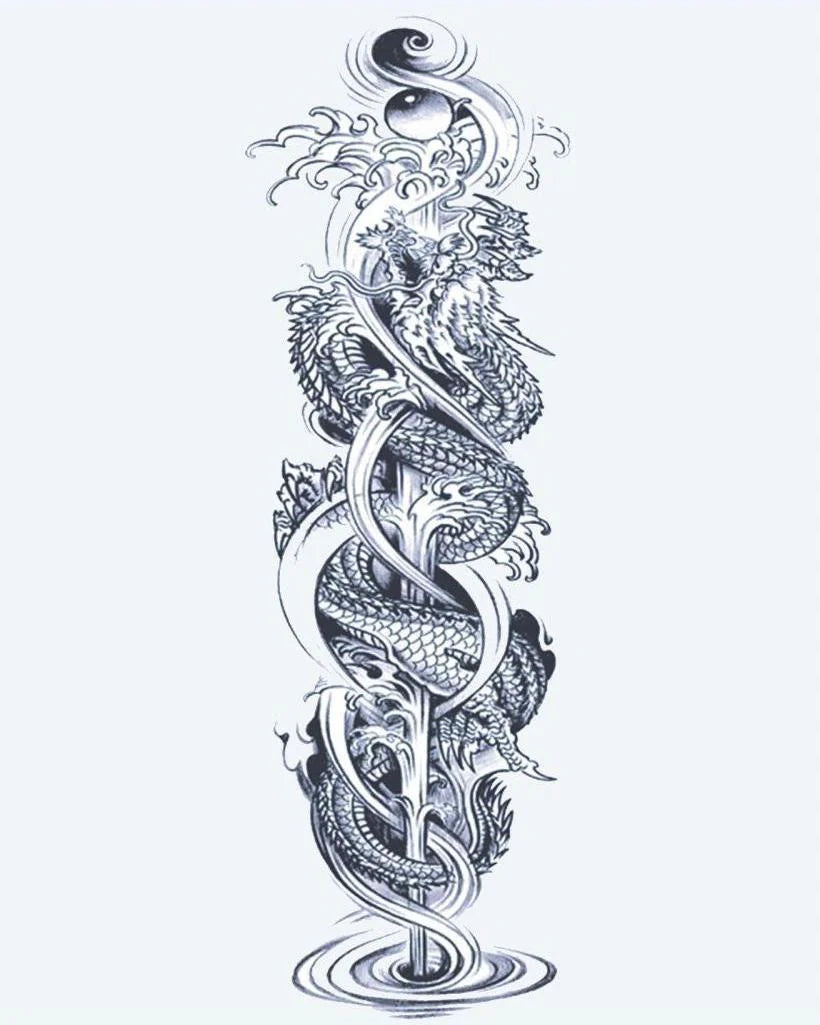 Twin Dragons & Yin Yang semi-permanent tattoo design by INKON – full, sleeve, intertwined, dragons, spiraling illustration, 8 x 20 in (20x50cm), available at inkon.co