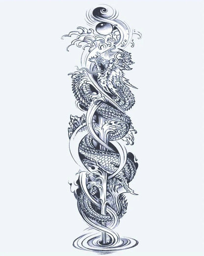 Twin Dragons & Yin Yang semi-permanent tattoo design by INKON – full, sleeve, intertwined, dragons, spiraling illustration, 8 x 20 in (20x50cm), available at inkon.co