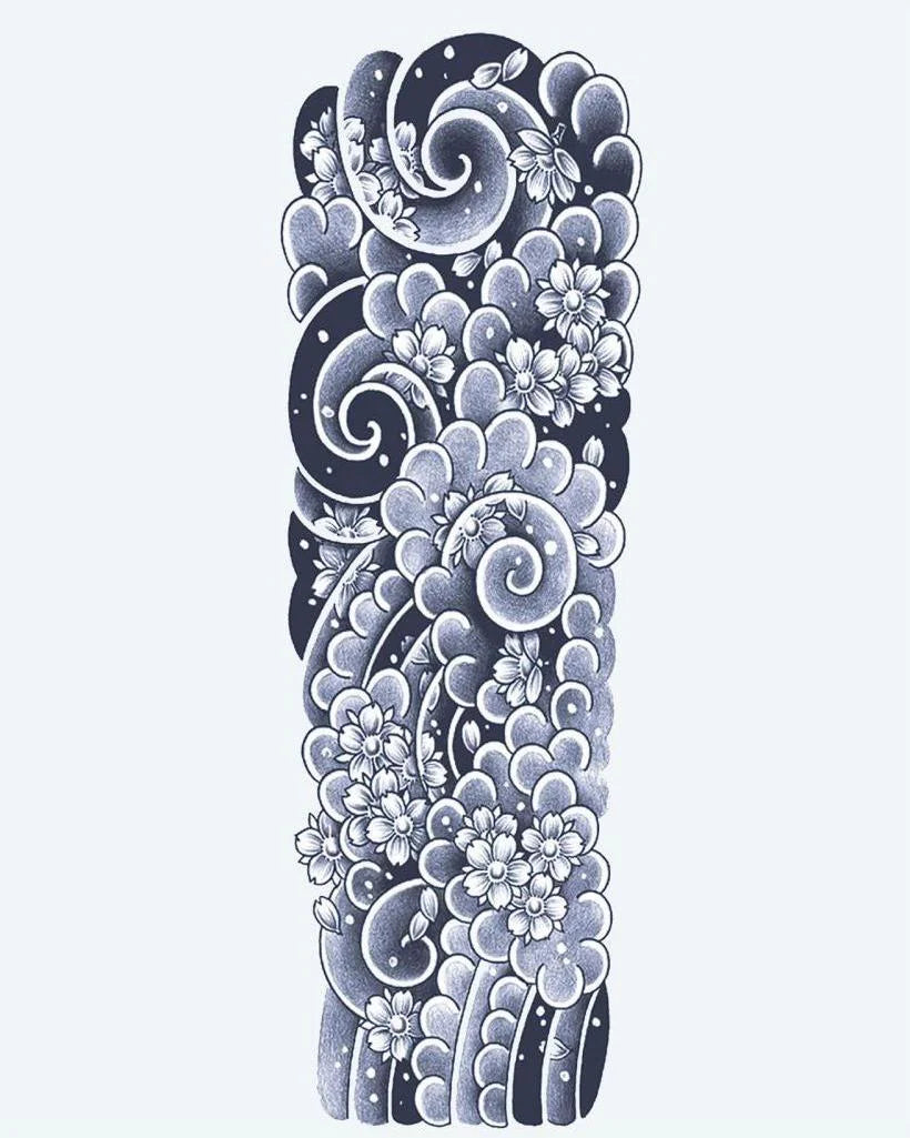 Japanese Clouds & Cherry Blossoms semi-permanent tattoo design by INKON – stunning, japanese, full, sleeve, swirling illustration, 8 x 20 in (20x50cm), available at inkon.co