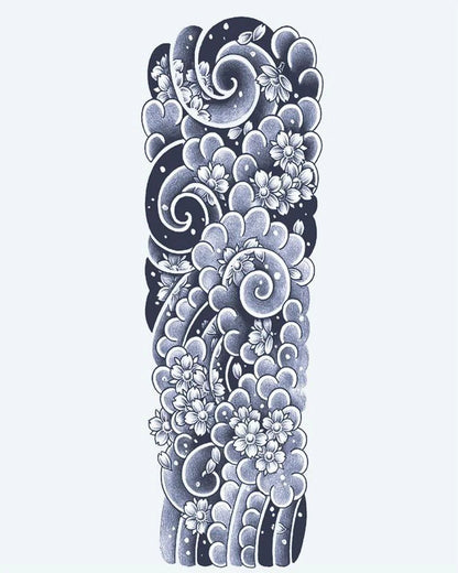 Japanese Clouds & Cherry Blossoms semi-permanent tattoo design by INKON – stunning, japanese, full, sleeve, swirling illustration, 8 x 20 in (20x50cm), available at inkon.co