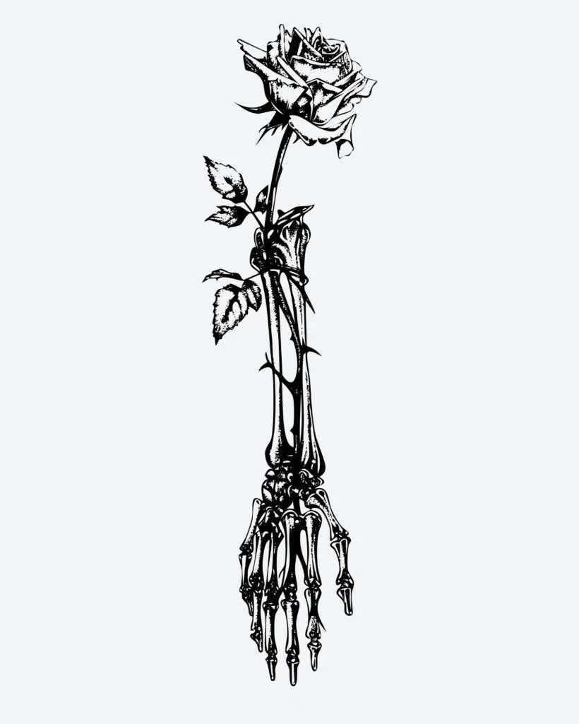 Skeleton Hand & Rose semi-permanent tattoo design by INKON – skeletal, holding, single, rose, thorny illustration, 8 x 20 in (20x50cm), available at inkon.co