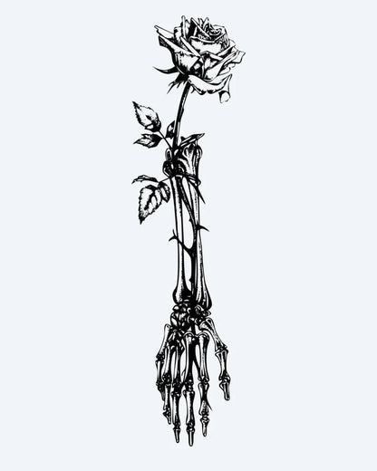 Skeleton Hand & Rose semi-permanent tattoo design by INKON – skeletal, holding, single, rose, thorny illustration, 8 x 20 in (20x50cm), available at inkon.co