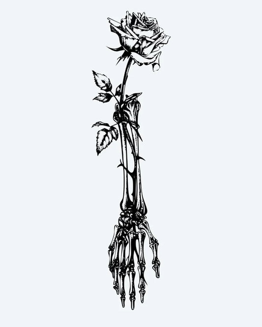 Skeleton Hand & Rose semi-permanent tattoo design by INKON – skeletal, holding, single, rose, thorny illustration, 8 x 20 in (20x50cm), available at inkon.co