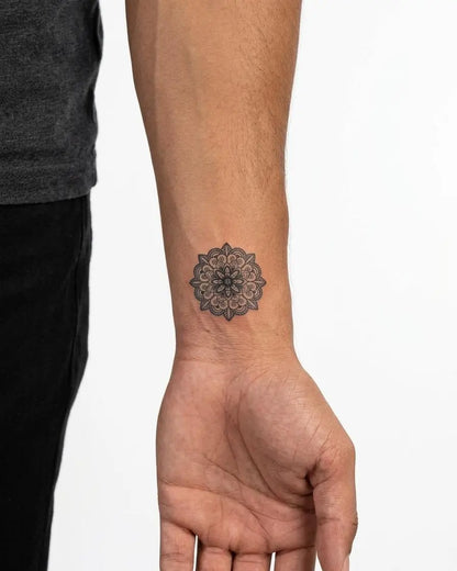 INKON Mandala Flower semi-permanent tattoo applied on a man – 2 x 2 in (5x5cm) design, realistic ink look, lasts 10 days
