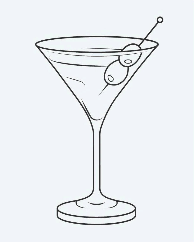 Martini Glass semi-permanent tattoo design by INKON – martini, glass, olive, garnish, line illustration, 2 x 2 in (5x5cm), available at inkon.co